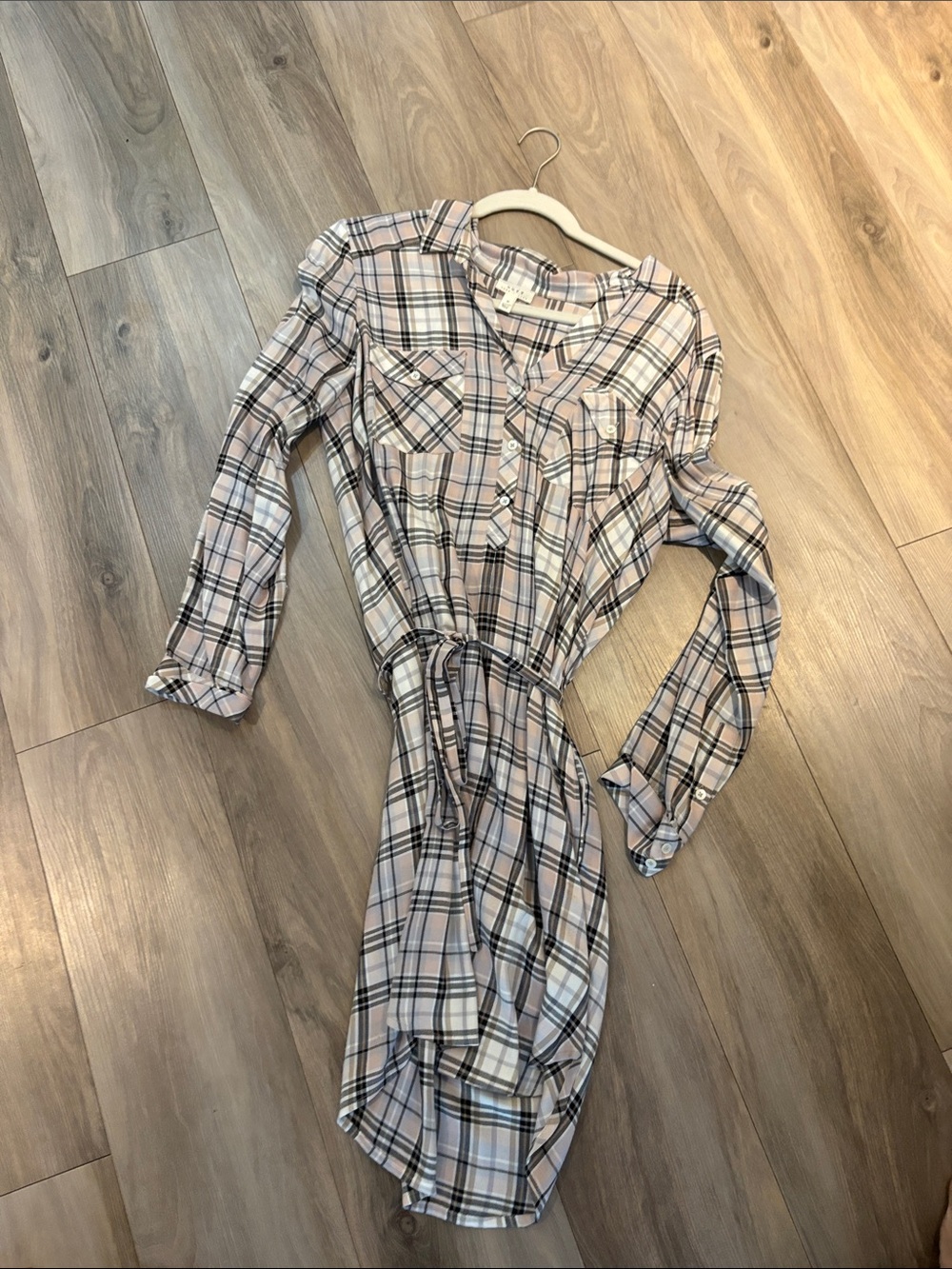 Soft Joie Pink Plaid Long-Sleeve Tie-Waist Shirt Dress